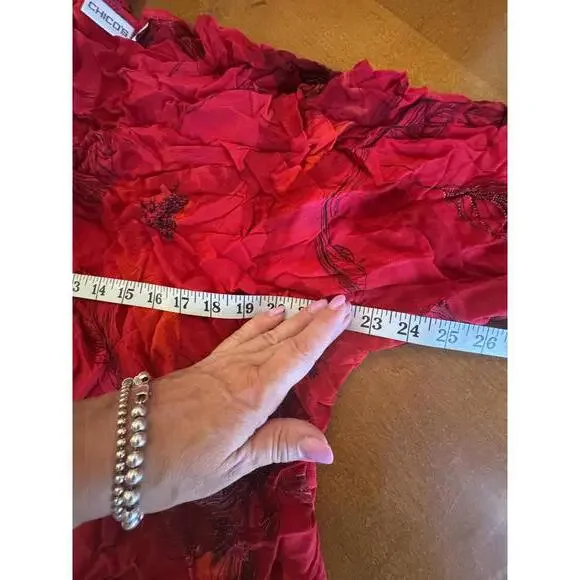 Chico's Red Floral Rayon Blouse Size 3 - Picture 7 of 7